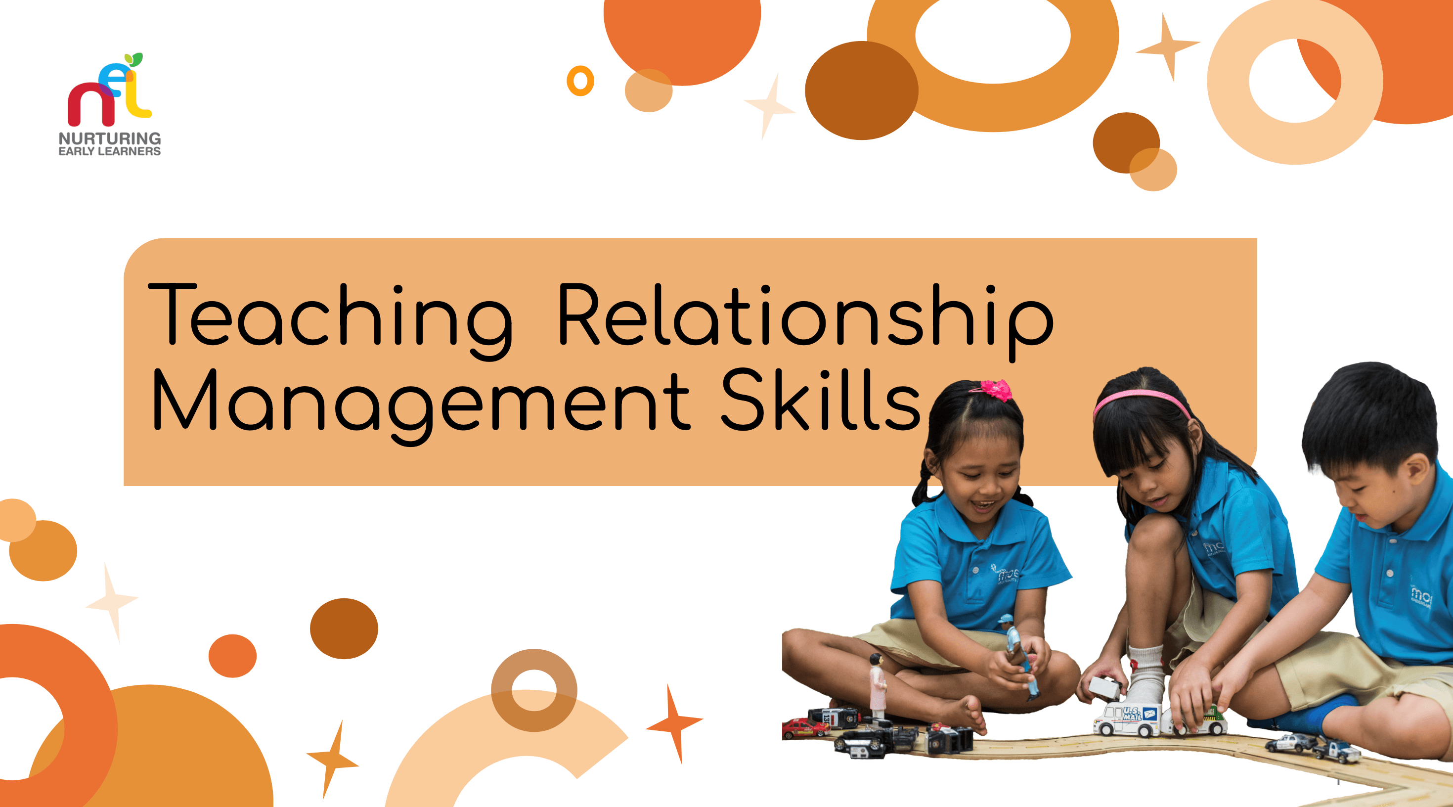 Slides on teaching relationship management skills with image of children playing with toy cars together